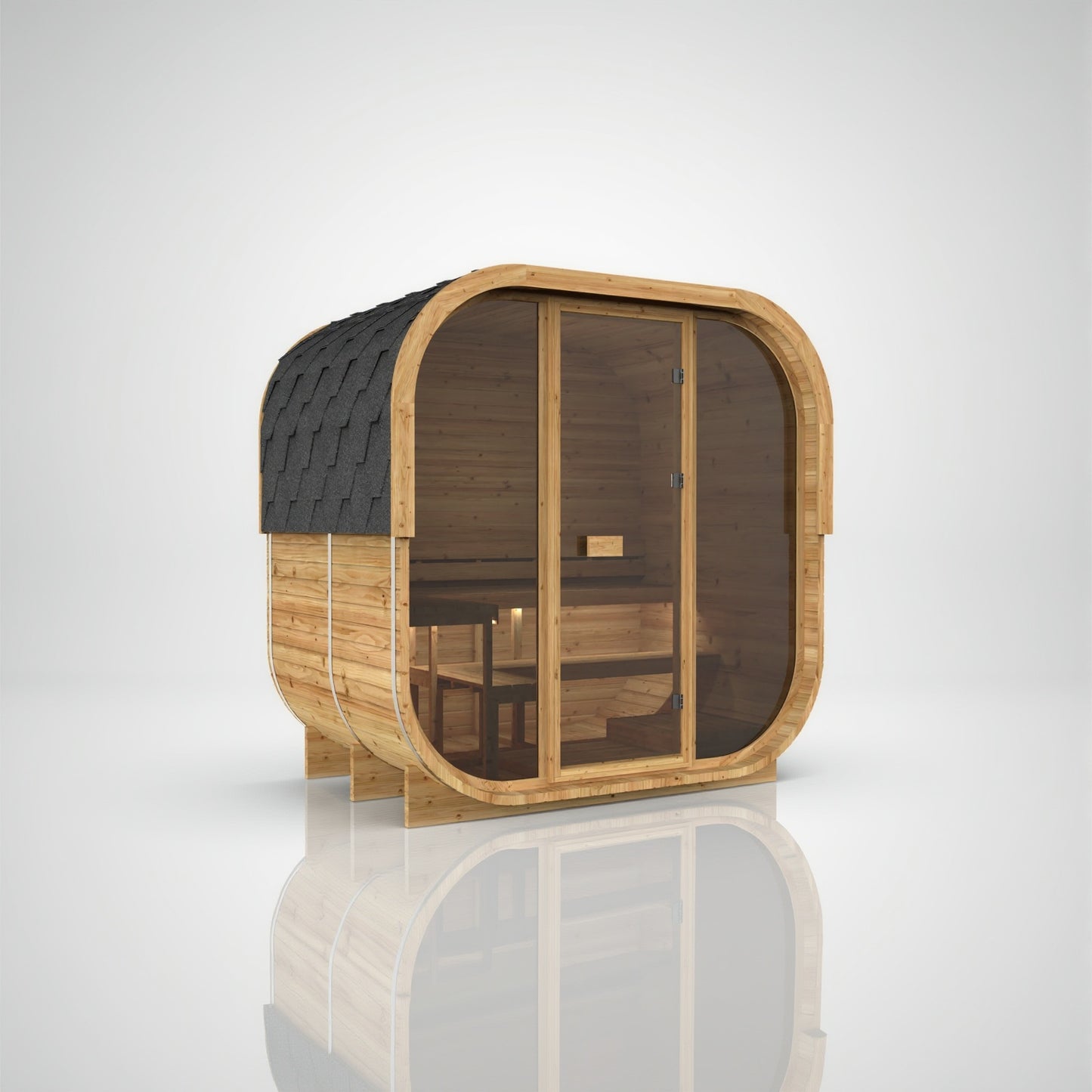 Hekla Cube 210 Scandi outdoor sauna, angled view with wooden back panel