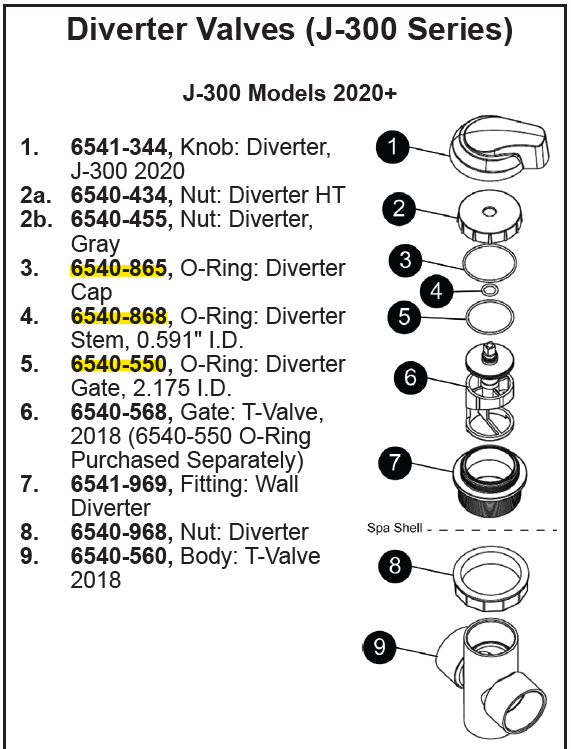 6540-868, 6540-865, 6540-550 (Jacuzzi® / Sundance® ) Diverter O-ring Set