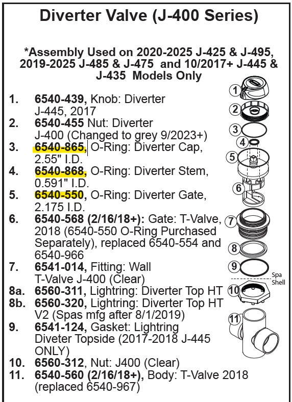6540-868, 6540-865, 6540-550 (Jacuzzi® / Sundance® ) Diverter O-ring Set