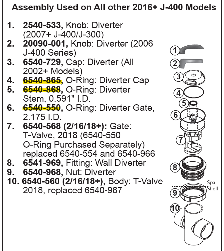 6540-868, 6540-865, 6540-550 (Jacuzzi® / Sundance® ) Diverter O-ring Set