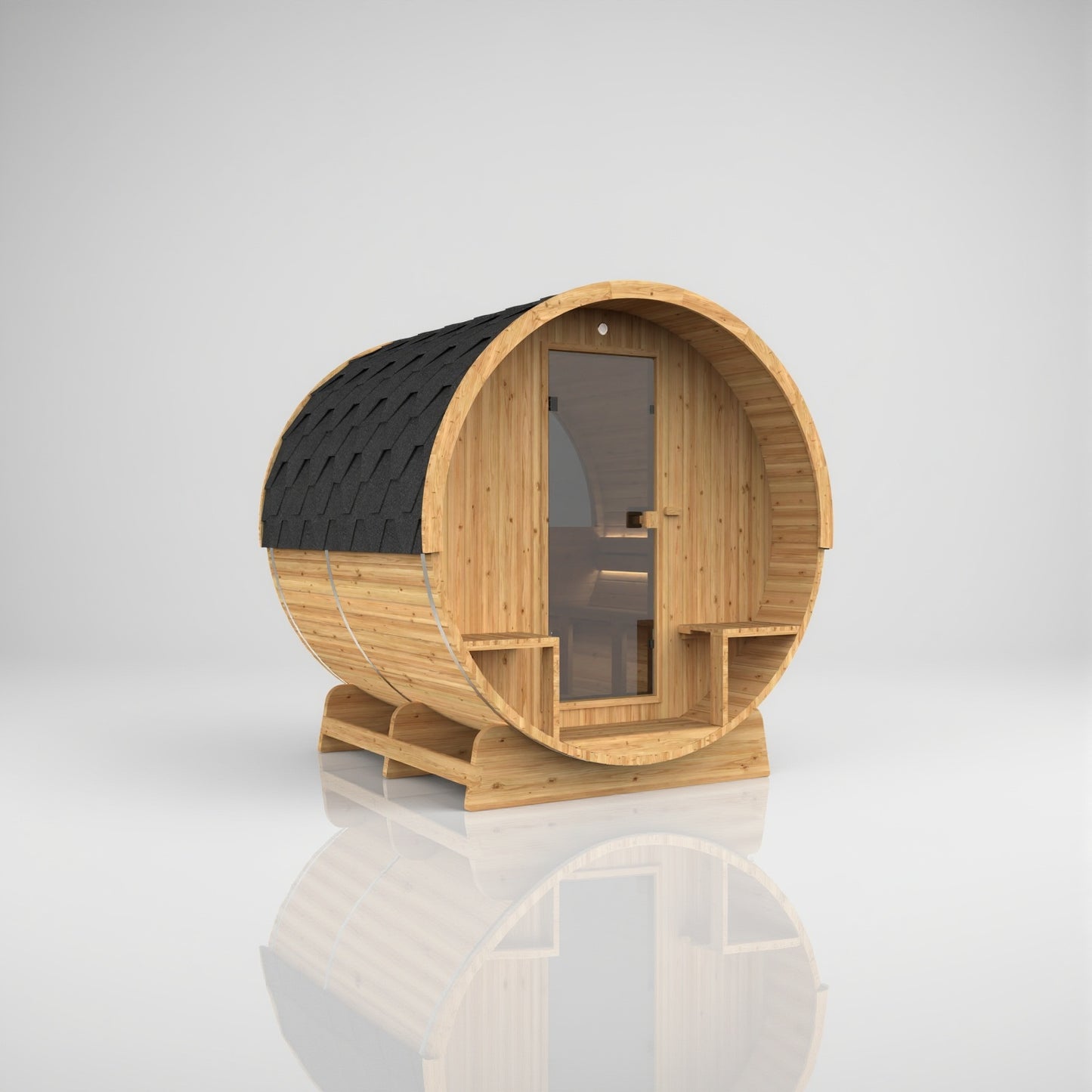 Hekla Barrel 210 Scandi outdoor sauna, angled view with half-panoramic window