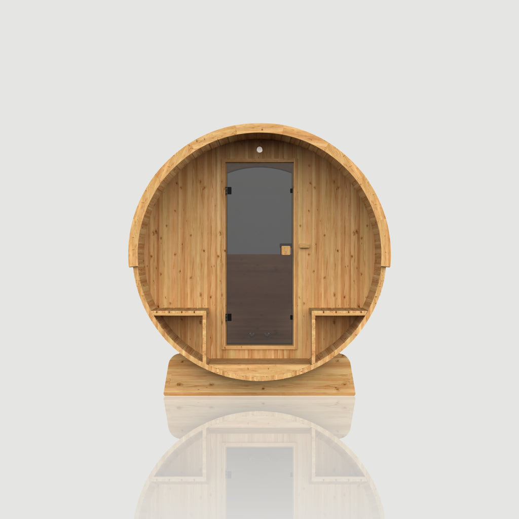 Hekla Barrel 250 Scandi outdoor sauna, rear-angle view with half-panoramic window