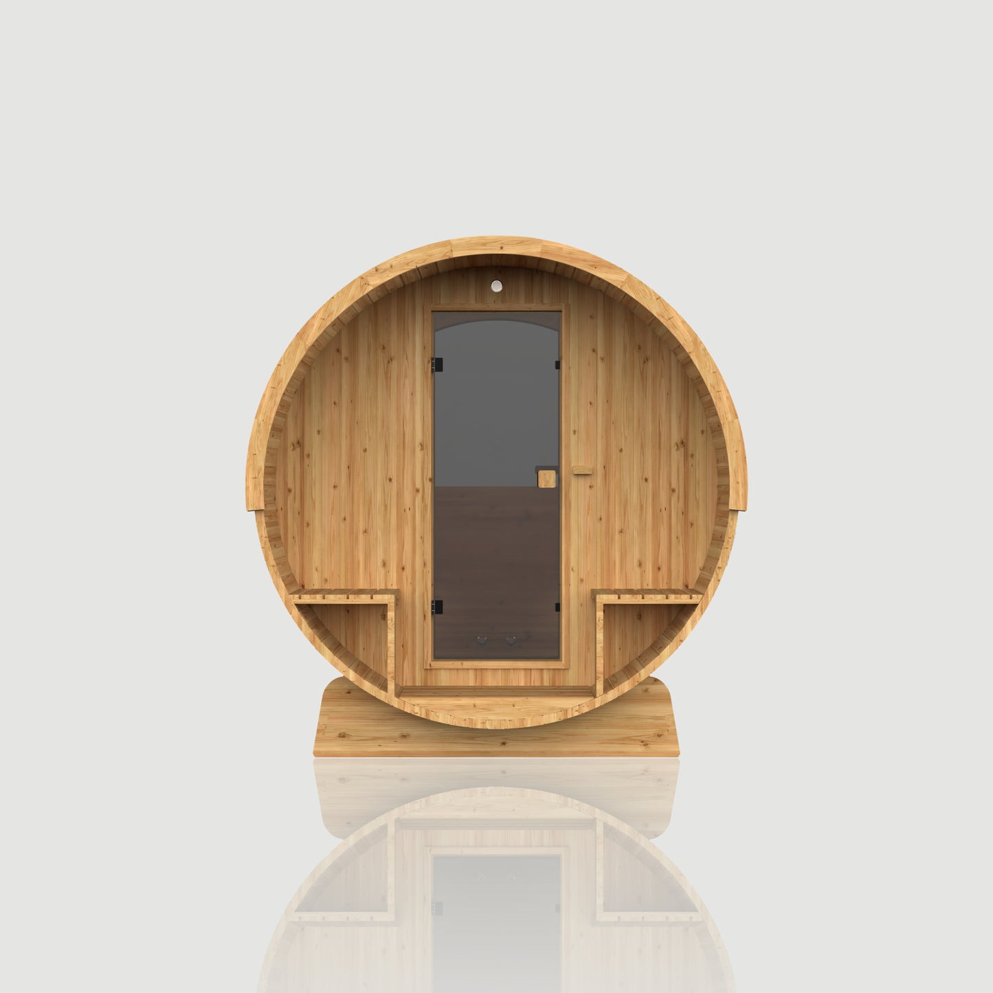 Hekla Barrel 210 Scandi outdoor sauna, rear-angle view with half-panoramic window