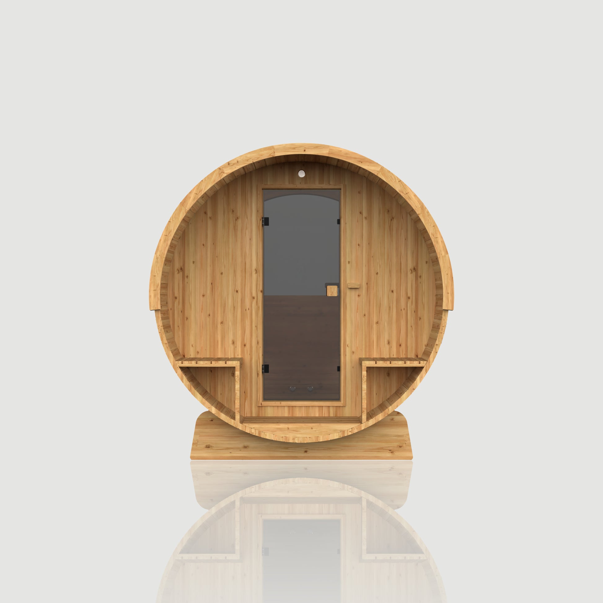 Hekla Barrel 210 Scandi outdoor sauna, rear-angle view with half-panoramic window