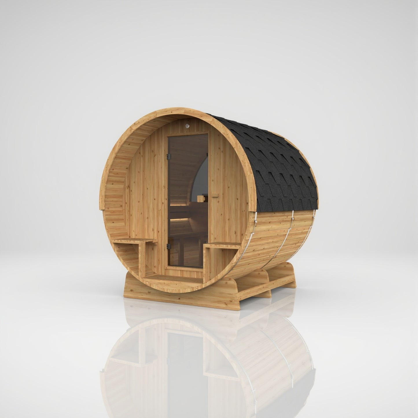 Hekla Barrel 210 outdoor sauna in Scandi thermo-spruce with half-panoramic window and shingle roof