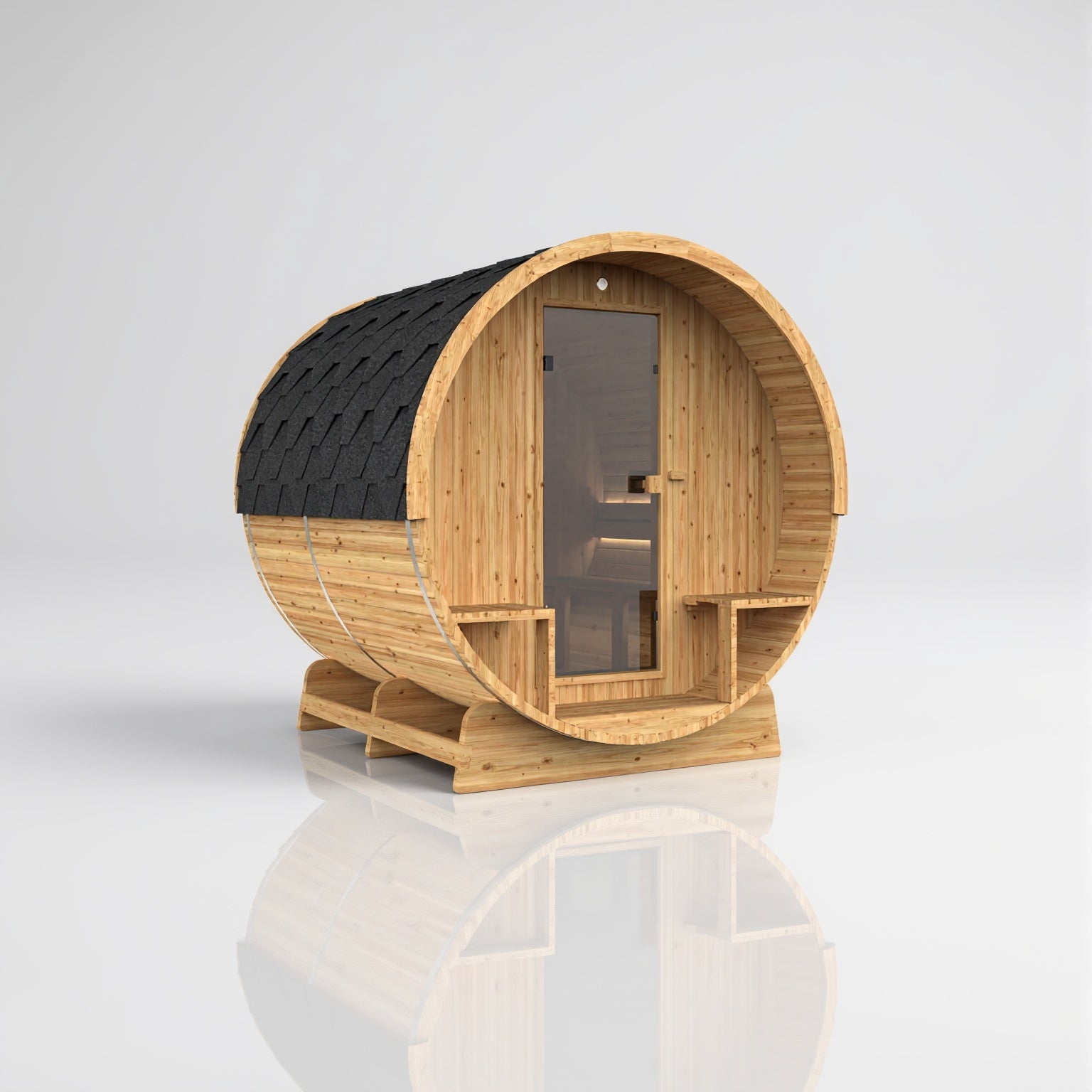 Hekla Barrel 210 Scandi outdoor sauna, angled view with wooden back panel
