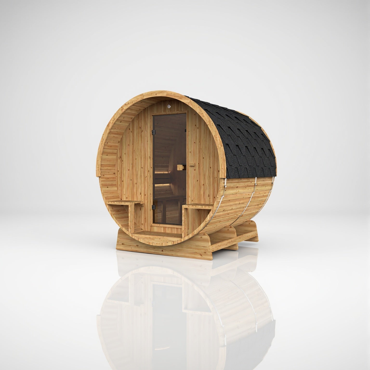 Hekla Barrel 210 Scandi outdoor sauna with solid wooden back panel
