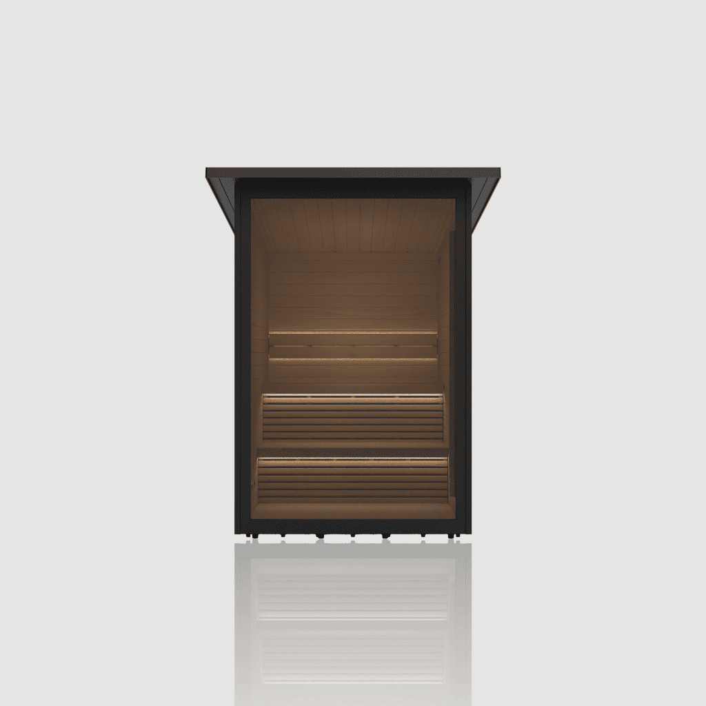 Hekla Cabin outdoor sauna in black WPC with full glass front, front view