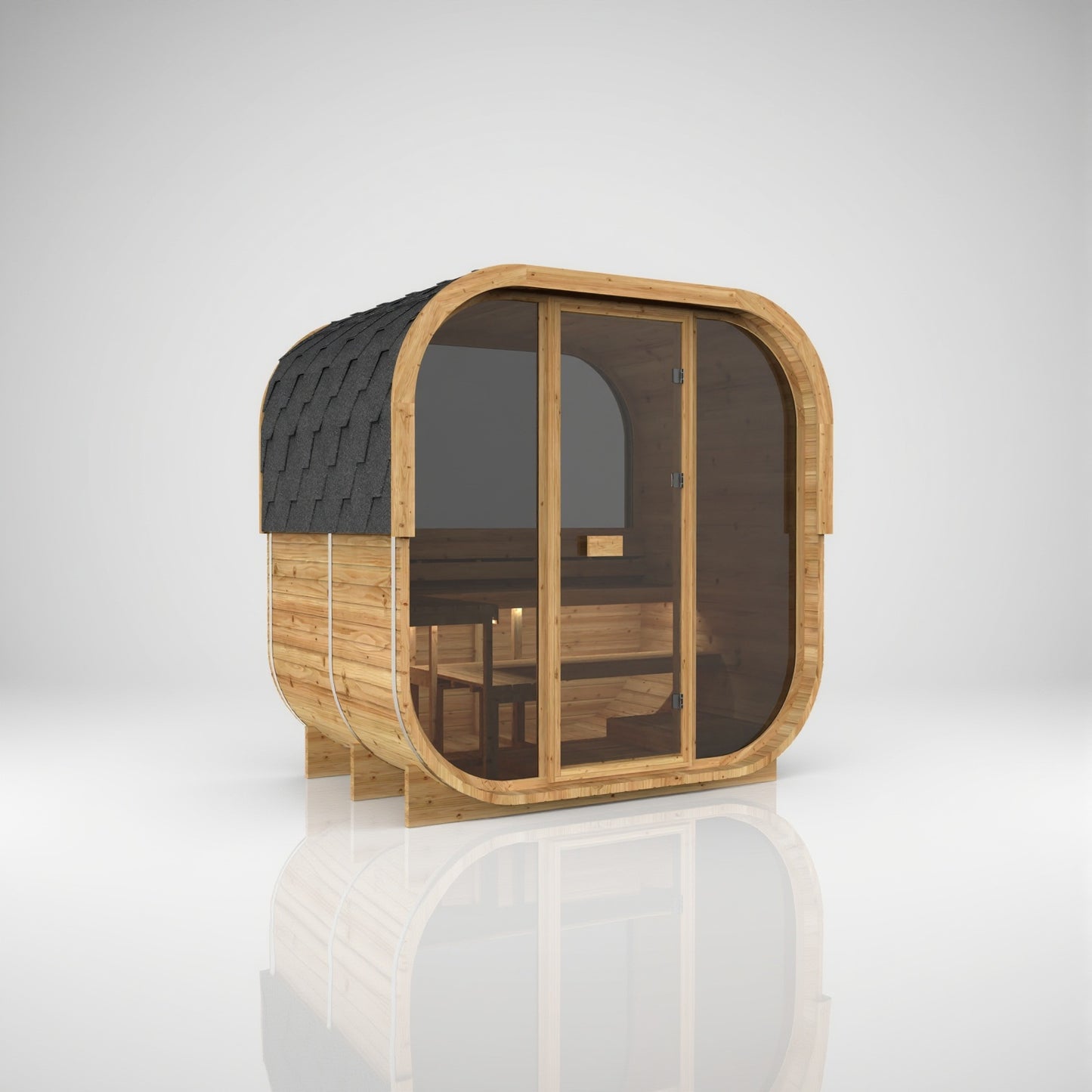 Hekla Cube 210 Scandi outdoor sauna, opposite angle with half-panoramic window