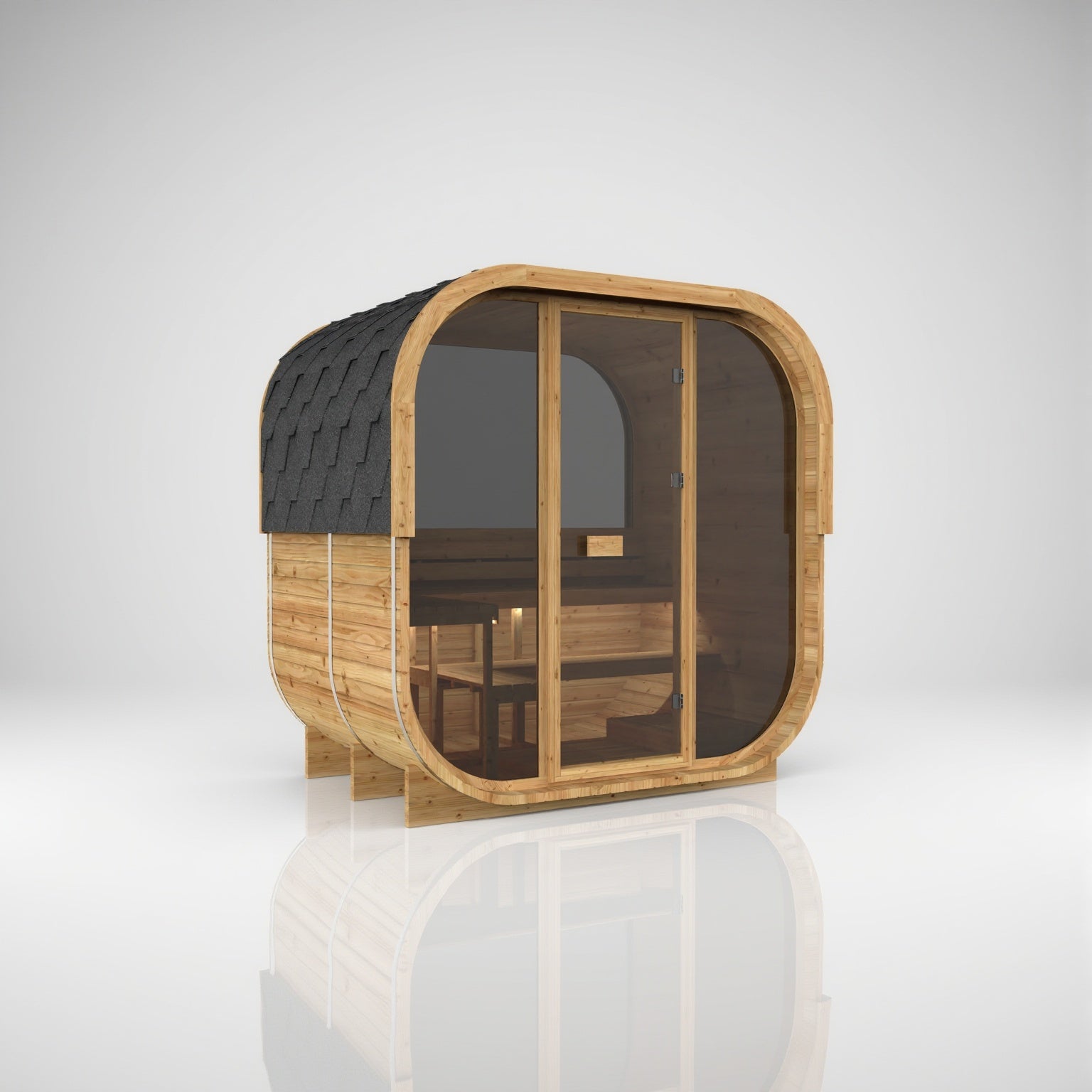Hekla Cube 210 Scandi outdoor sauna, opposite angle with half-panoramic window