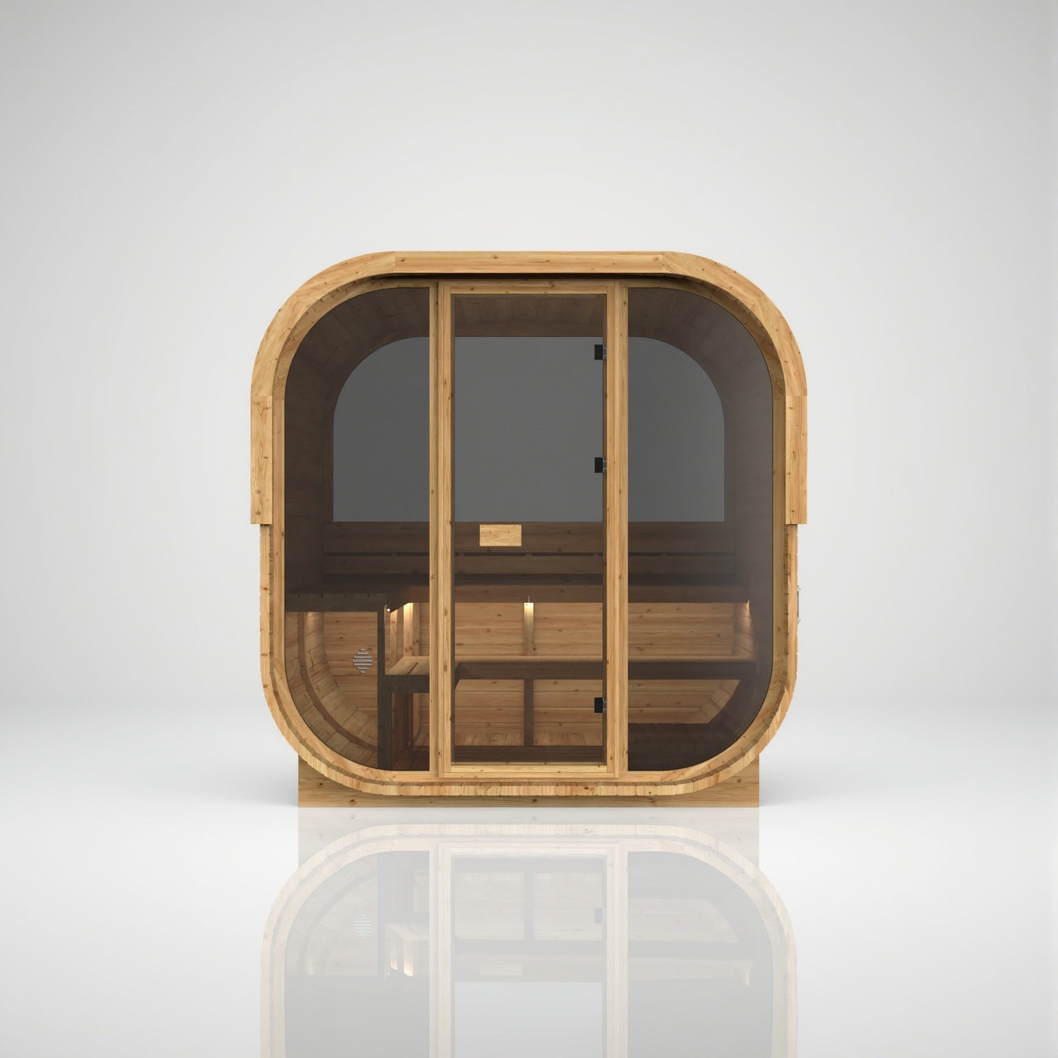Hekla Cube 250 outdoor sauna in Scandi thermo-spruce, front view with half-panoramic window