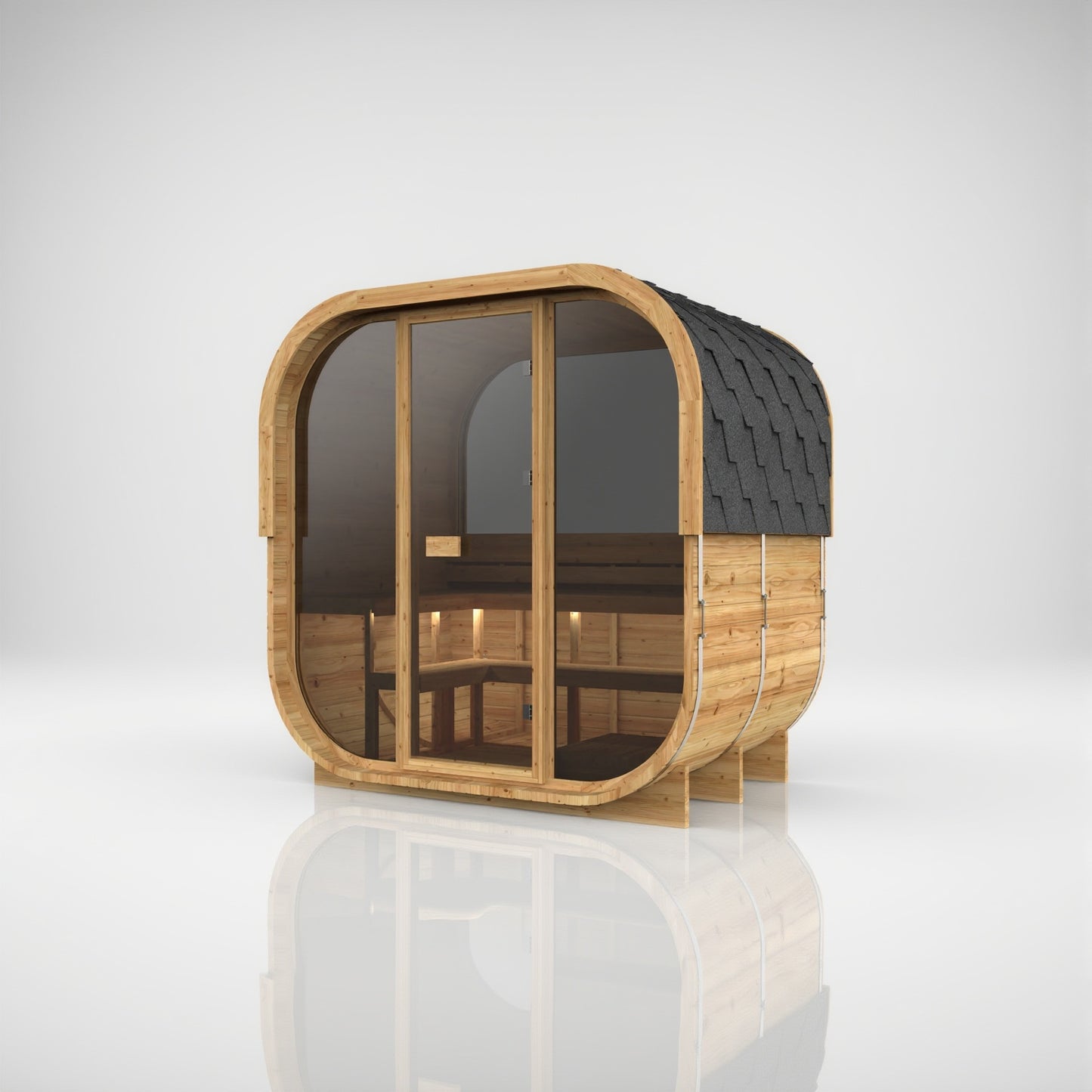 Hekla Cube 210 Scandi outdoor sauna, angled view with half-panoramic window
