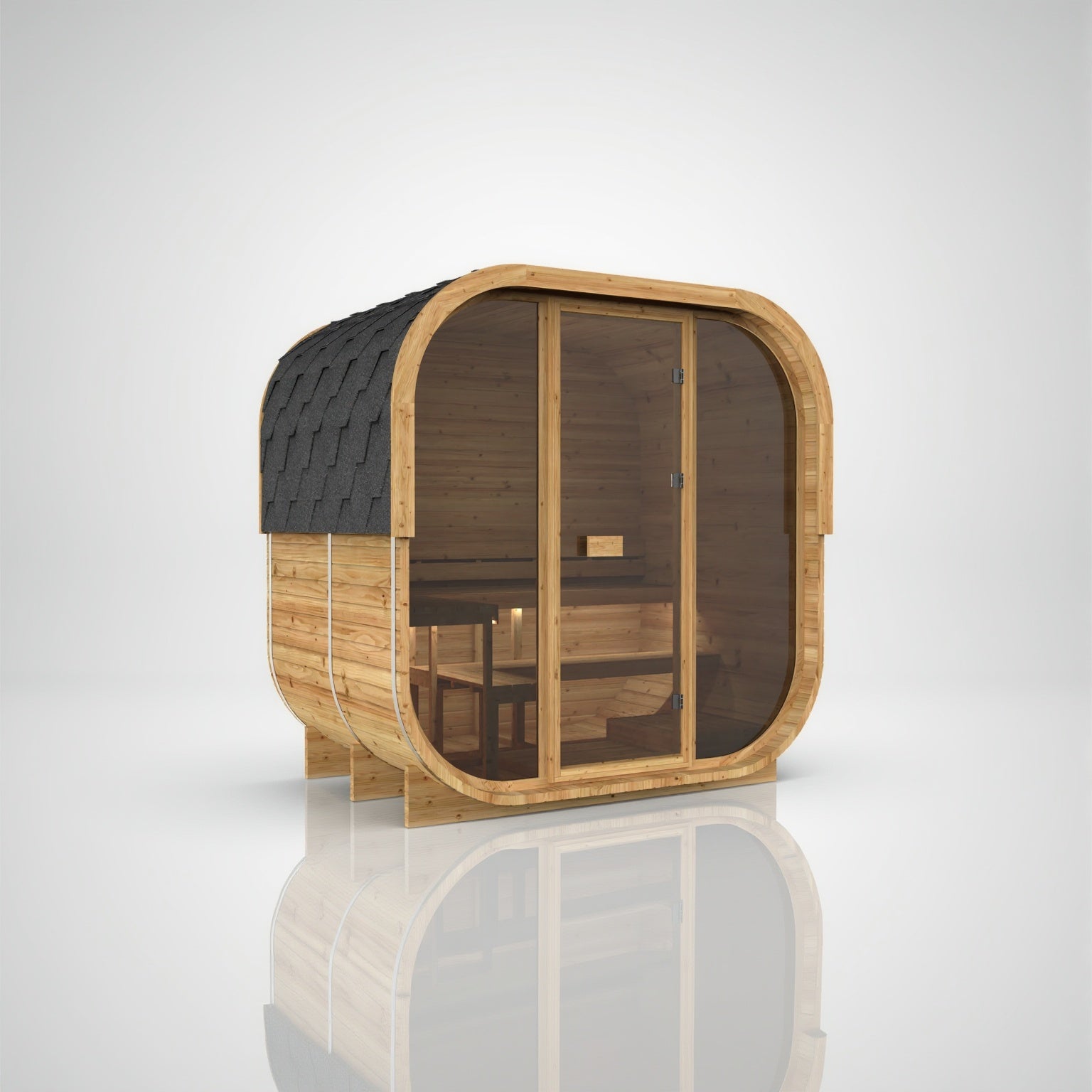 Hekla Cube 210 Scandi outdoor sauna, angled view with wooden back panel