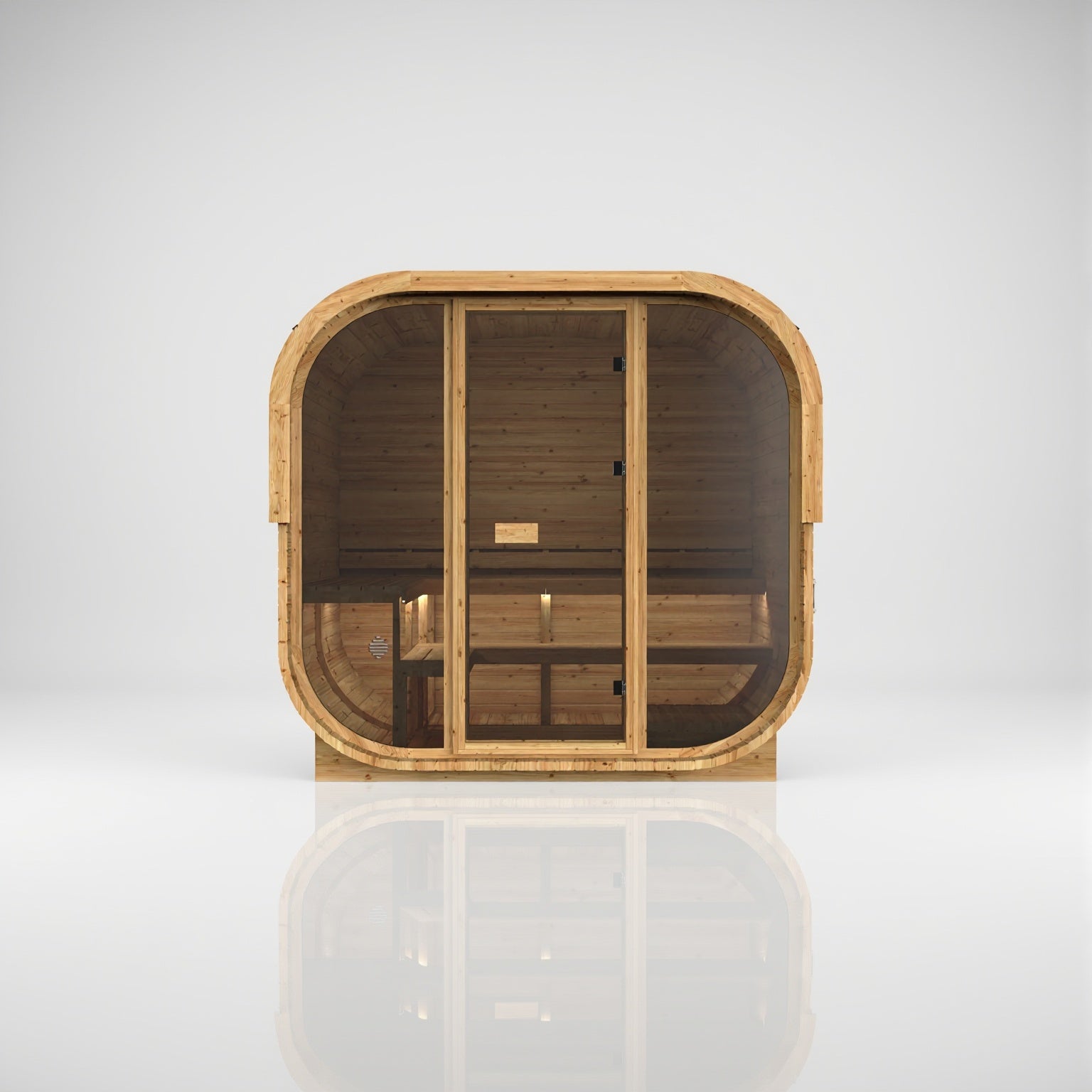 Hekla Cube 210 Scandi outdoor sauna, front view with solid wooden back panel