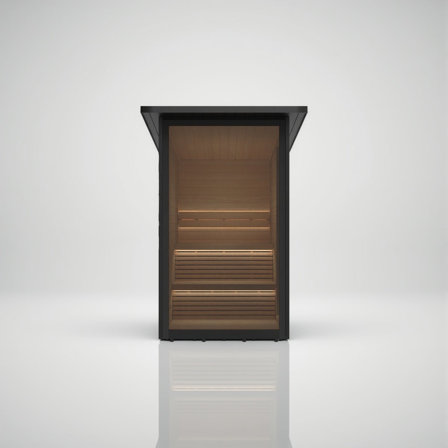 Hekla Mini Cabin outdoor sauna in black WPC with full glass front, front view
