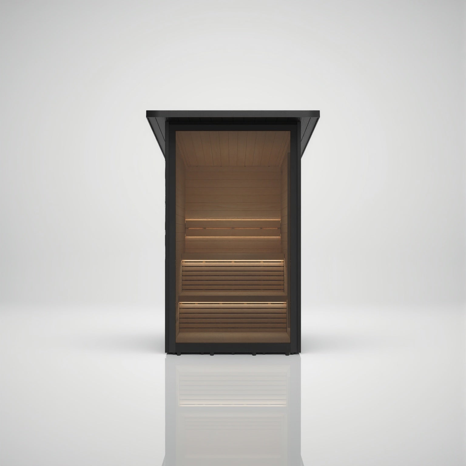 Hekla Mini Cabin outdoor sauna in black WPC with full glass front, front view