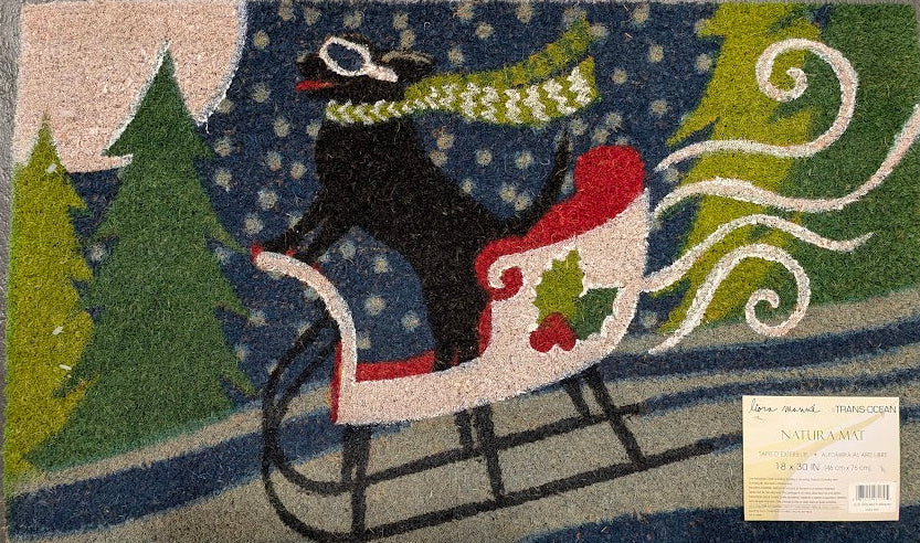 Decorative rug with Christmas-themed design on a gray surface