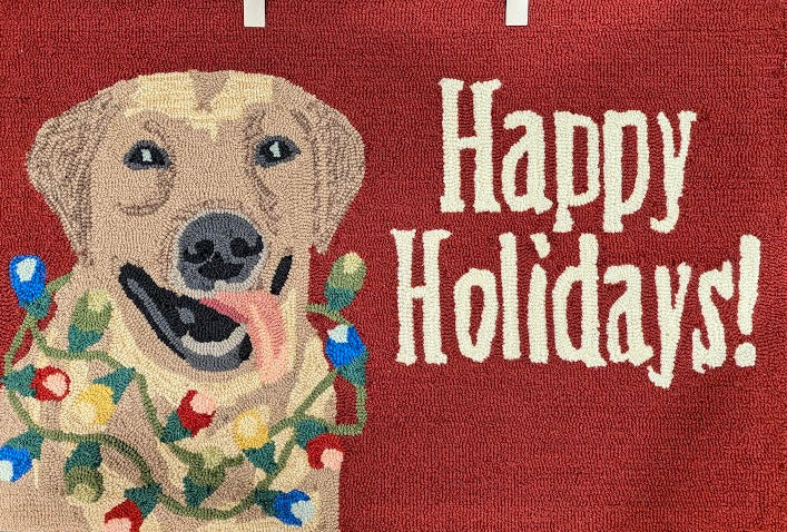 Doormat with a dog illustration and 'Happy Holidays!' text on a red background.