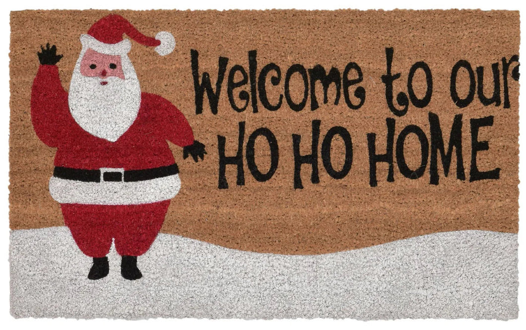 Doormat with Santa Claus design and 'Welcome to our HO HO HOME' text on a brown background.